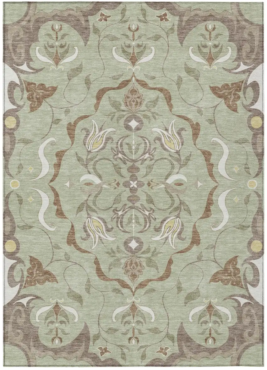 Green And Khaki Damask Washable Indoor Outdoor Area Rug Photo 2