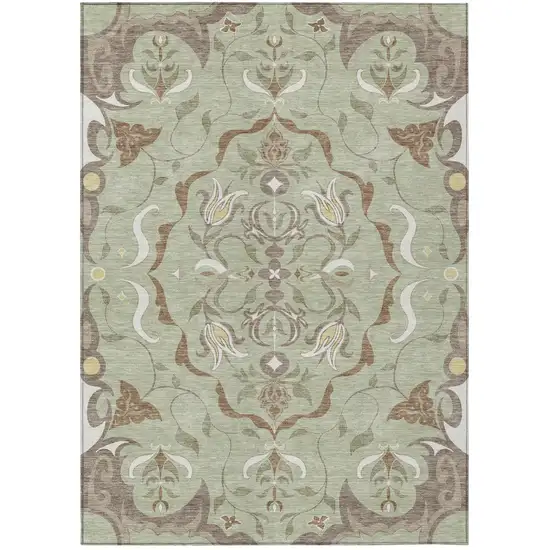 Green And Khaki Damask Washable Indoor Outdoor Area Rug Photo 2