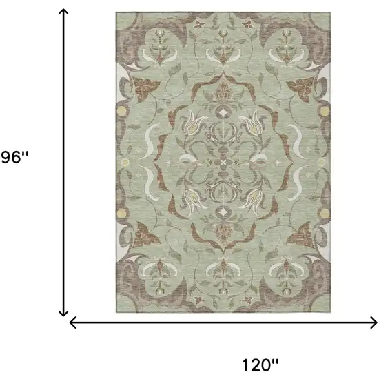 Green And Khaki Damask Washable Indoor Outdoor Area Rug Photo 6