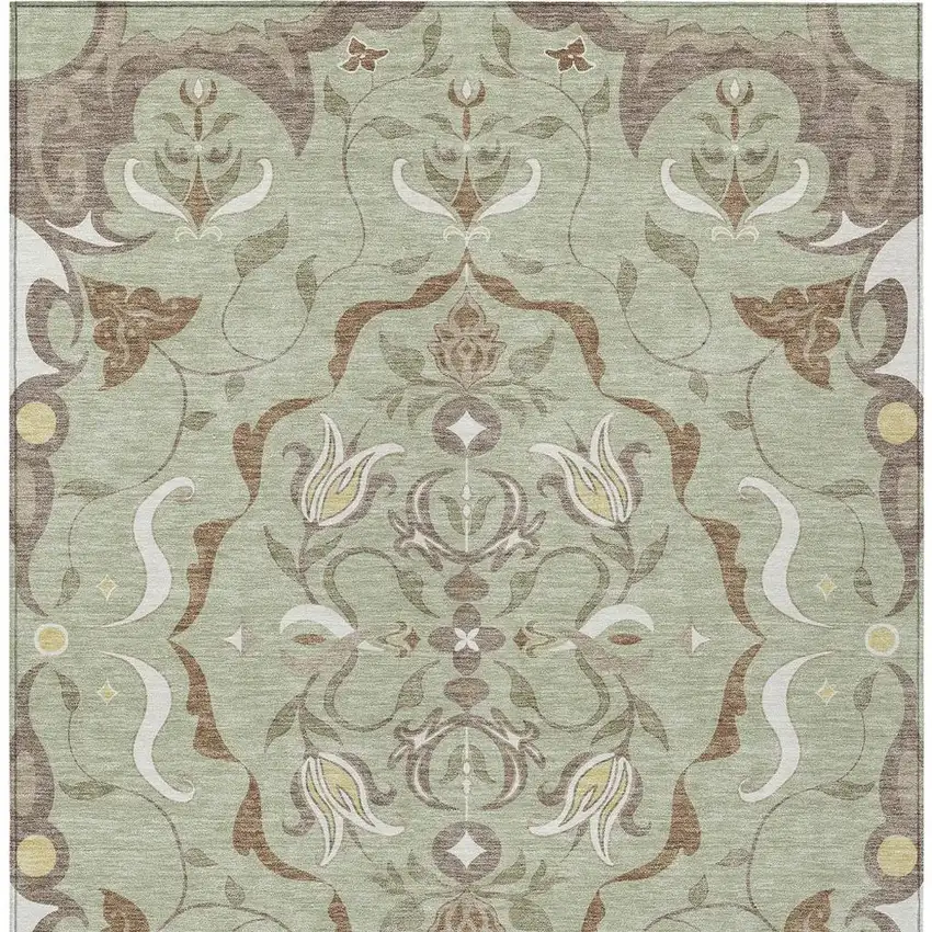 Green And Khaki Damask Washable Indoor Outdoor Area Rug Photo 1