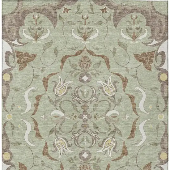 Green And Khaki Damask Washable Indoor Outdoor Area Rug Photo 1