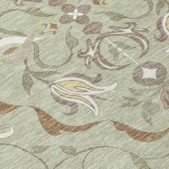 Green And Khaki Damask Washable Indoor Outdoor Area Rug Photo 5