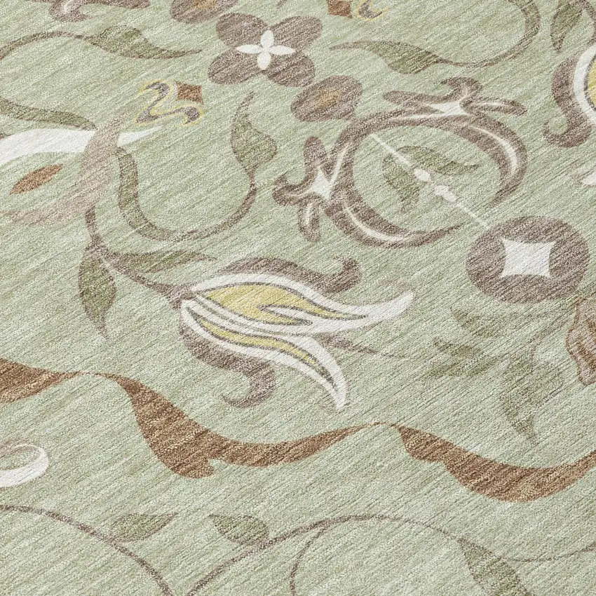 Green And Khaki Damask Washable Indoor Outdoor Area Rug Photo 5