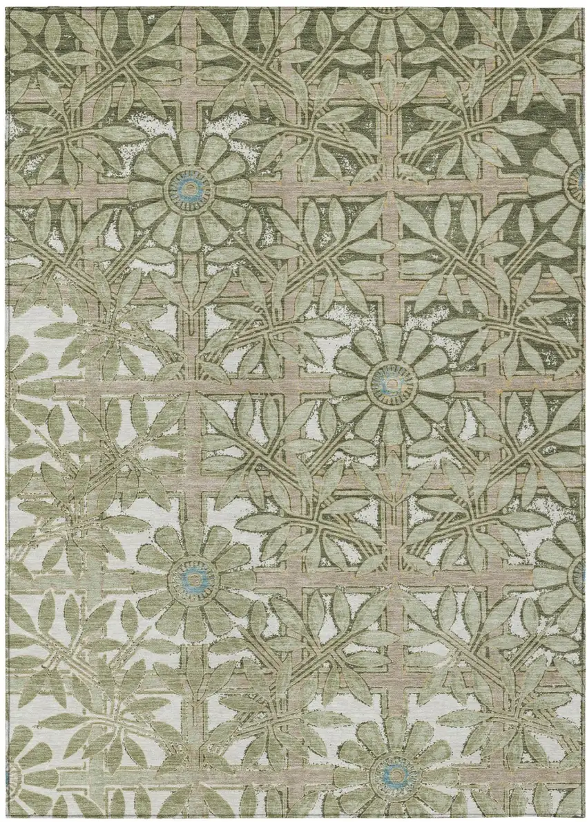 Green And Khaki Floral Washable Indoor Outdoor Area Rug Photo 2