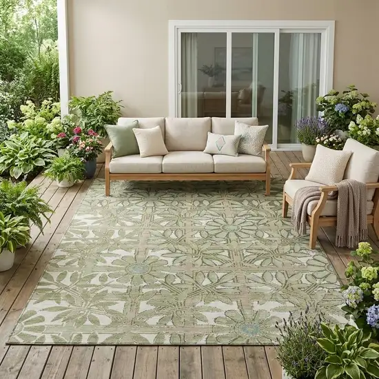 Green And Khaki Floral Washable Indoor Outdoor Area Rug Photo 1