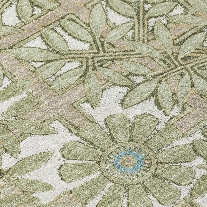 Green And Khaki Floral Washable Indoor Outdoor Area Rug Photo 4