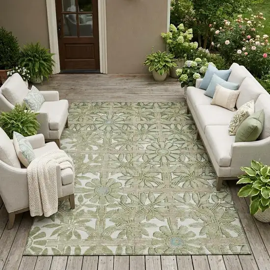 Green And Khaki Floral Washable Indoor Outdoor Area Rug Photo 1