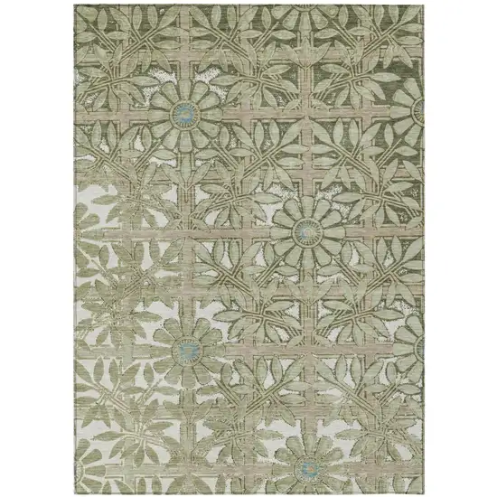 Green And Khaki Floral Washable Indoor Outdoor Area Rug Photo 2