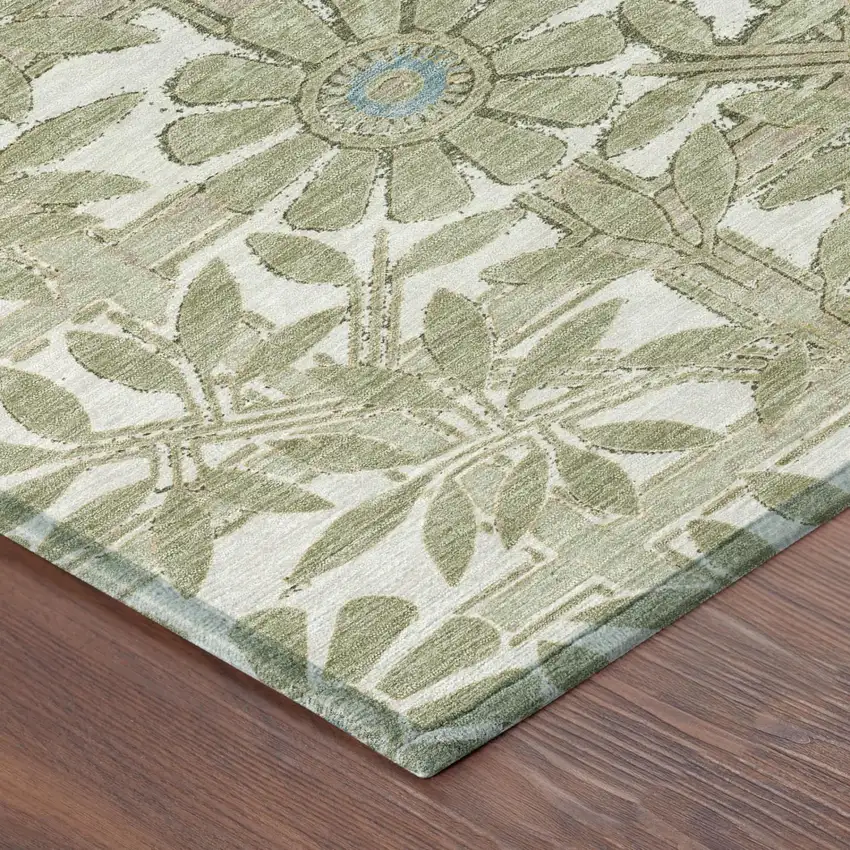 Green And Khaki Floral Washable Indoor Outdoor Area Rug Photo 3