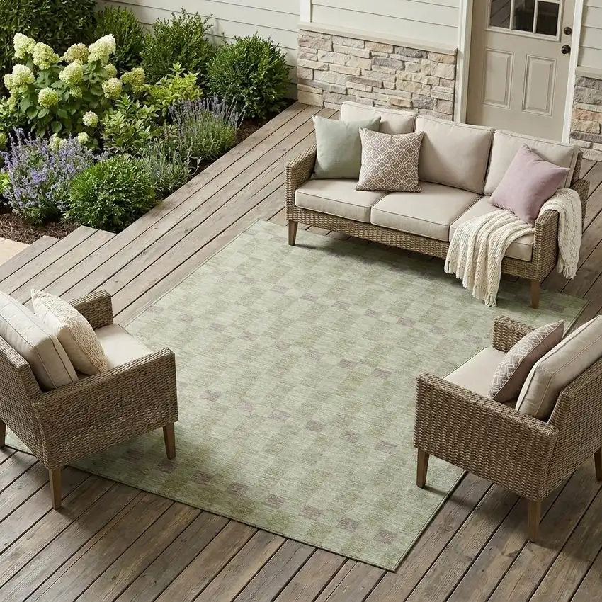 Green And Khaki Geometric Washable Indoor Outdoor Area Rug Photo 1