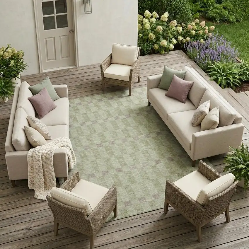 Green And Khaki Geometric Washable Indoor Outdoor Area Rug Photo 1