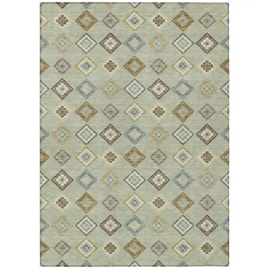 Green And Khaki Geometric Washable Indoor Outdoor Area Rug Photo 1