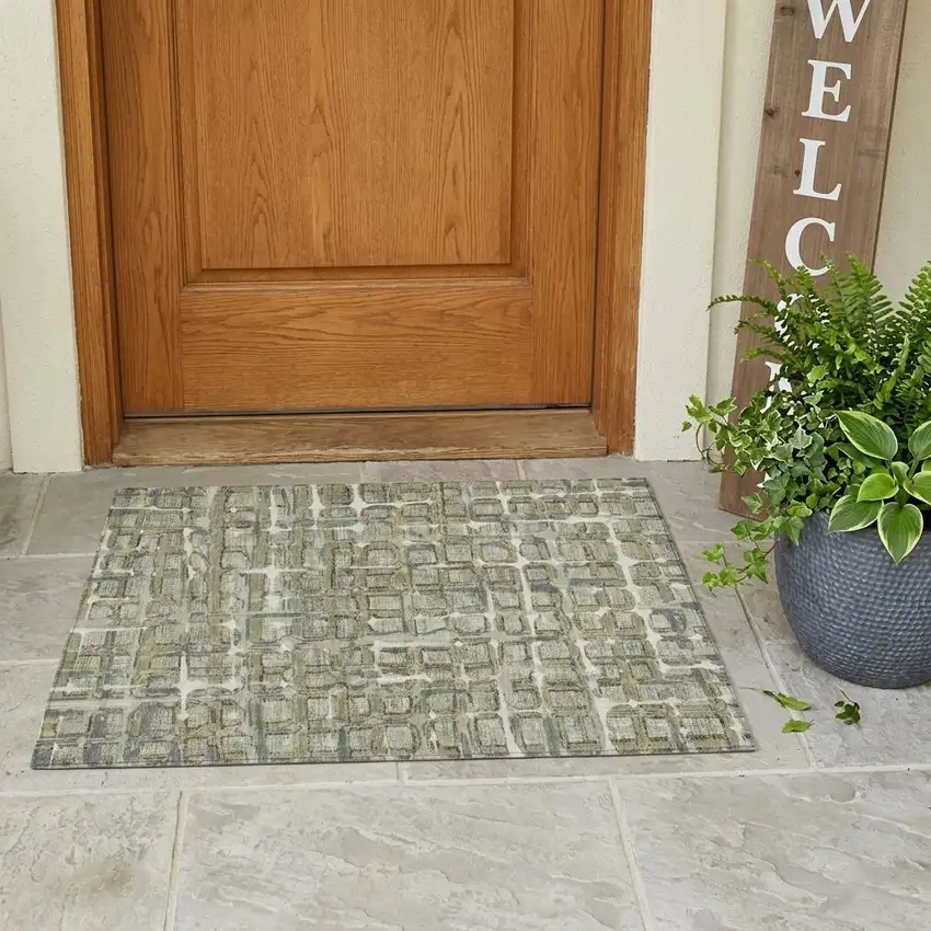 Green And Khaki Geometric Washable Indoor Outdoor Area Rug Photo 1