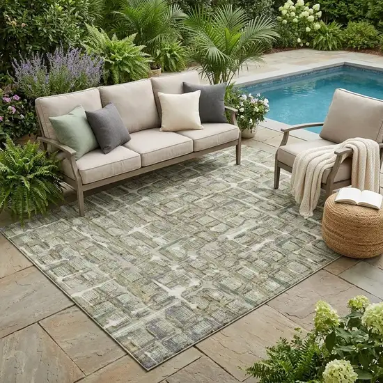 Green And Khaki Geometric Washable Indoor Outdoor Area Rug Photo 1