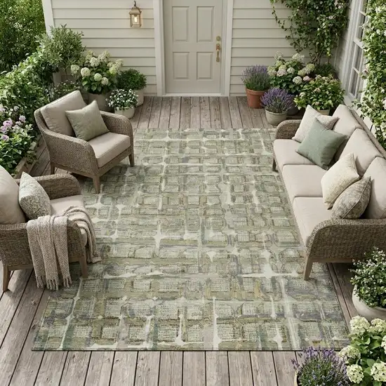 Green And Khaki Geometric Washable Indoor Outdoor Area Rug Photo 1
