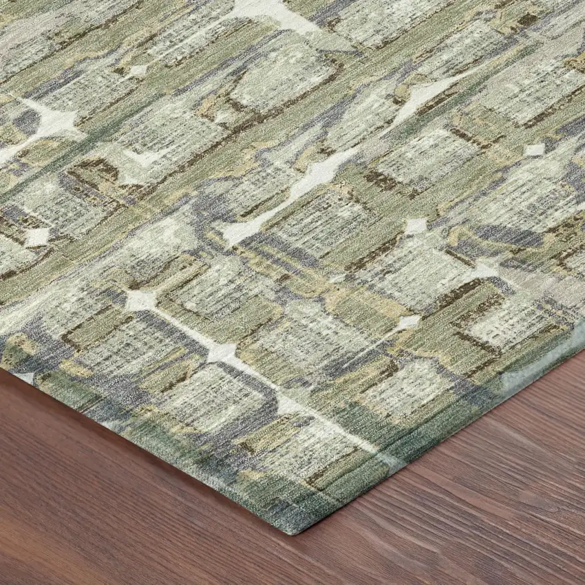 Green And Khaki Geometric Washable Indoor Outdoor Area Rug Photo 4