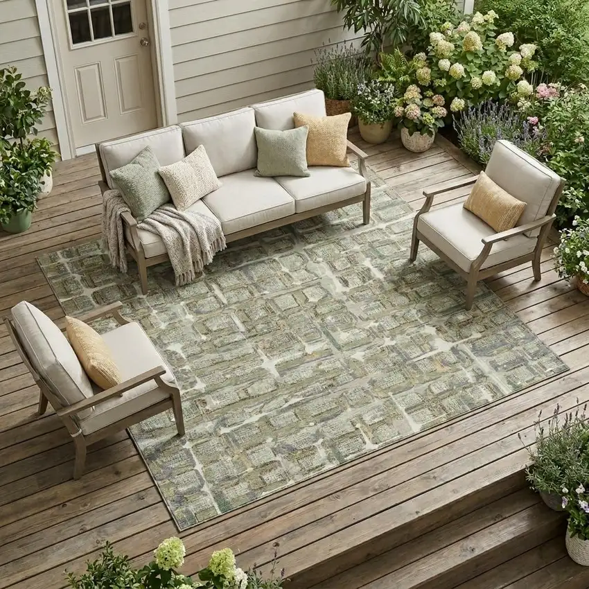 Green And Khaki Geometric Washable Indoor Outdoor Area Rug Photo 1