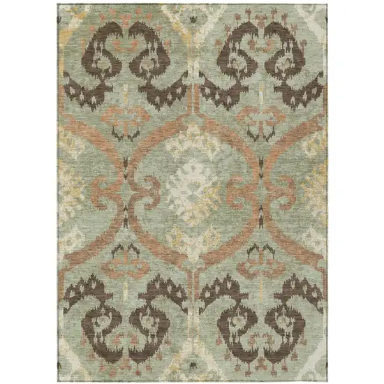 Green And Khaki Ikat Washable Indoor Outdoor Area Rug Photo 1