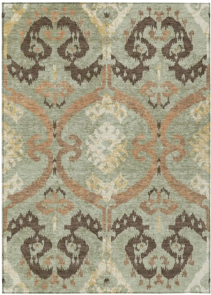 Green And Khaki Ikat Washable Indoor Outdoor Area Rug Photo 1