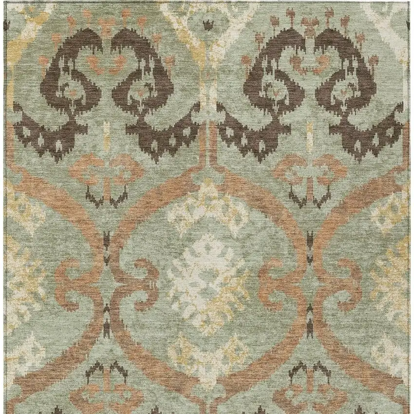 Green And Khaki Ikat Washable Indoor Outdoor Area Rug Photo 3