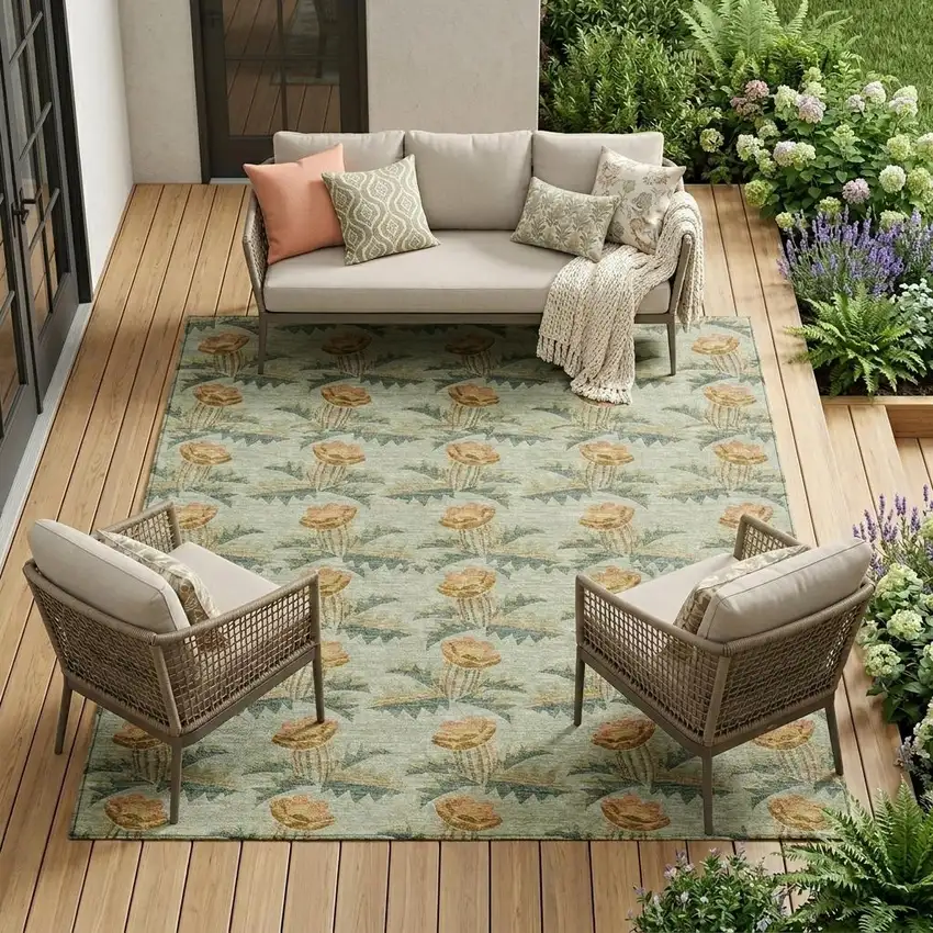 Green And Lavender Floral Washable Indoor Outdoor Area Rug Photo 1