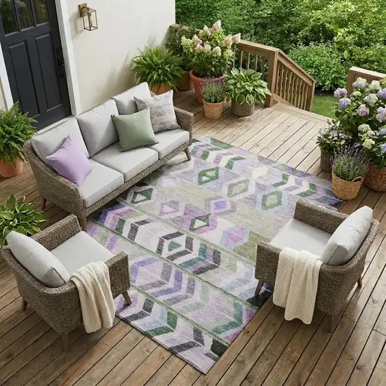 Green And Lavender Tribal Washable Indoor Outdoor Area Rug Photo 1