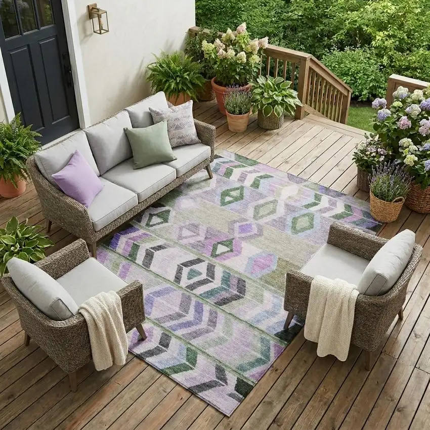 Green And Lavender Tribal Washable Indoor Outdoor Area Rug Photo 1