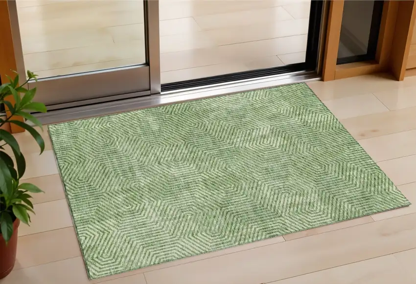 Green And Light Green Geometric Washable Indoor Outdoor Area Rug Photo 1