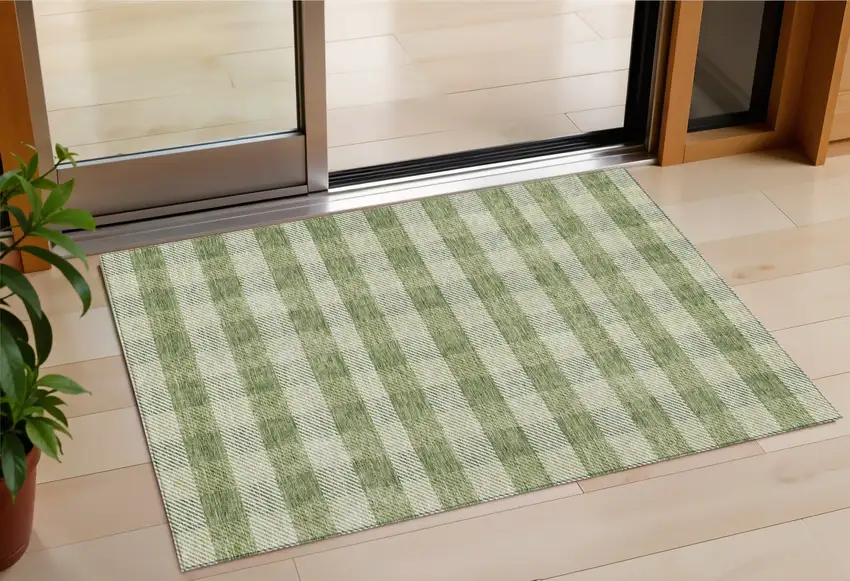 Green And Light Green Plaid Washable Indoor Outdoor Area Rug Photo 1