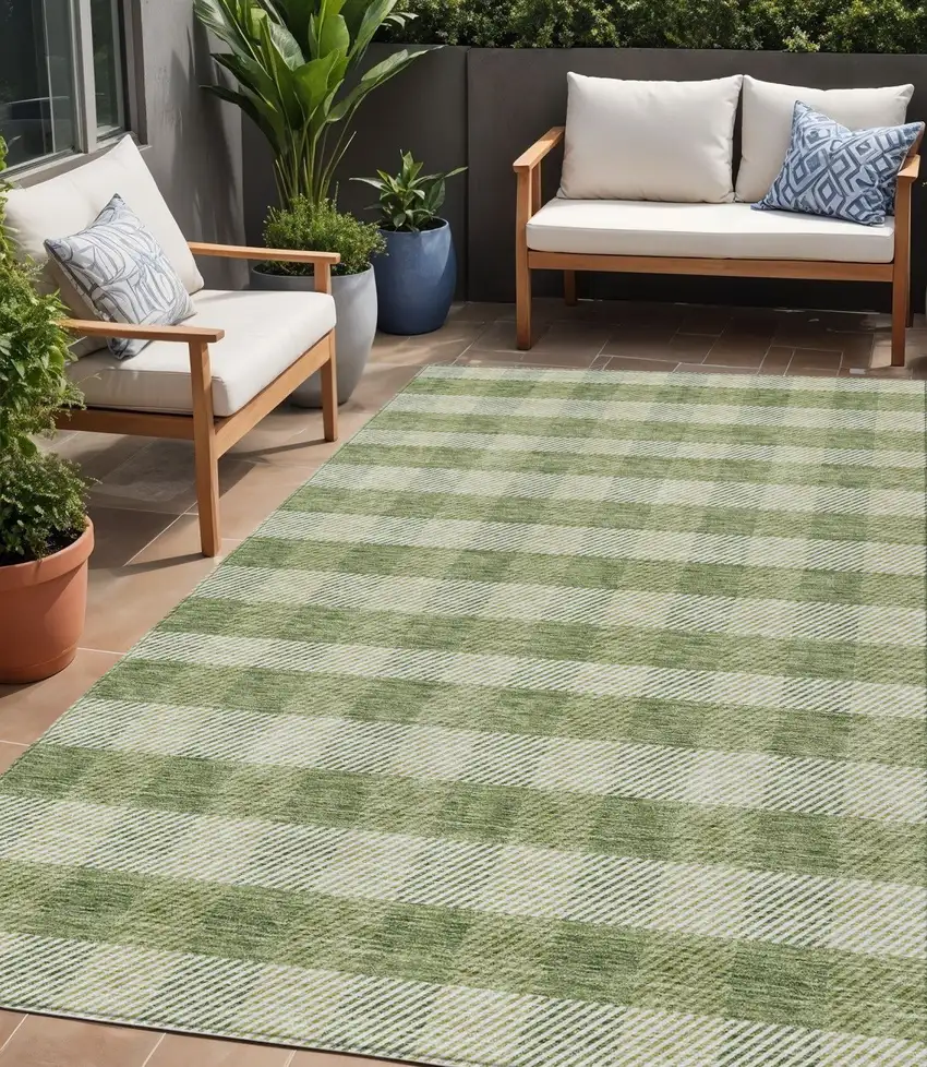 Green And Light Green Plaid Washable Indoor Outdoor Area Rug Photo 1