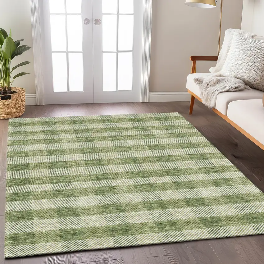 Green And Light Green Plaid Washable Indoor Outdoor Area Rug Photo 9