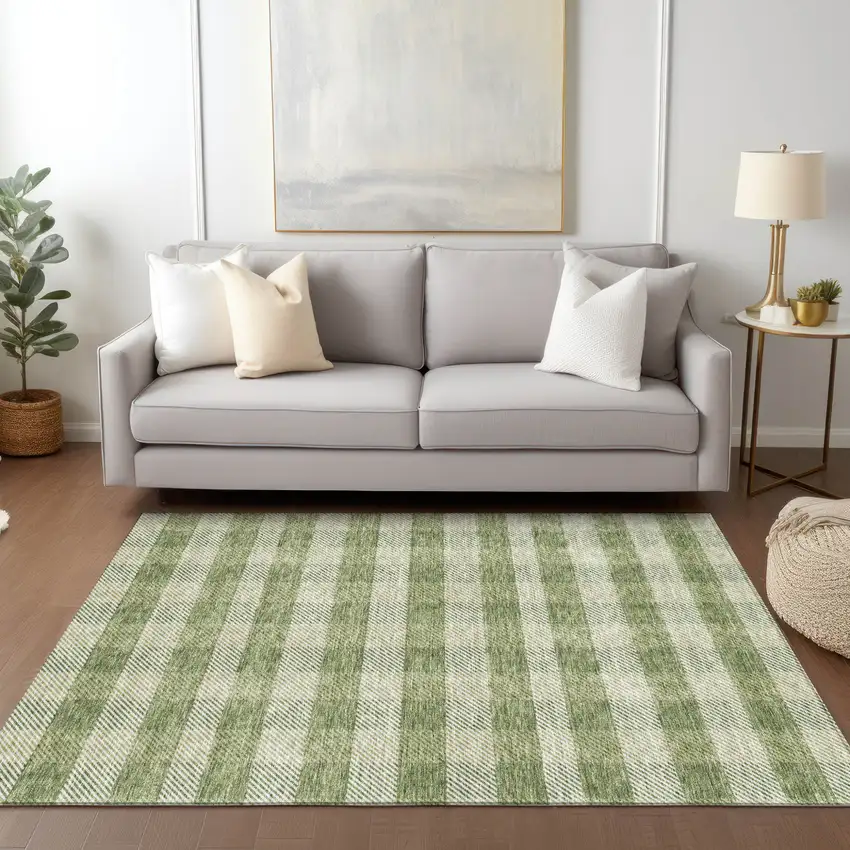 Green And Light Green Plaid Washable Indoor Outdoor Area Rug Photo 9