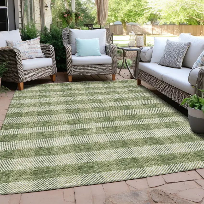 Green And Light Green Plaid Washable Indoor Outdoor Area Rug Photo 8
