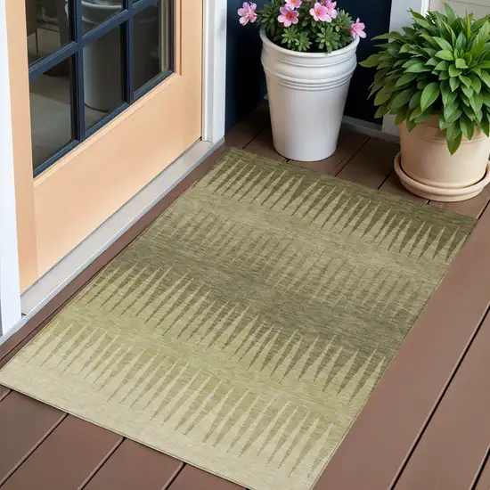 Green And Light Green Striped Washable Indoor Outdoor Area Rug Photo 1