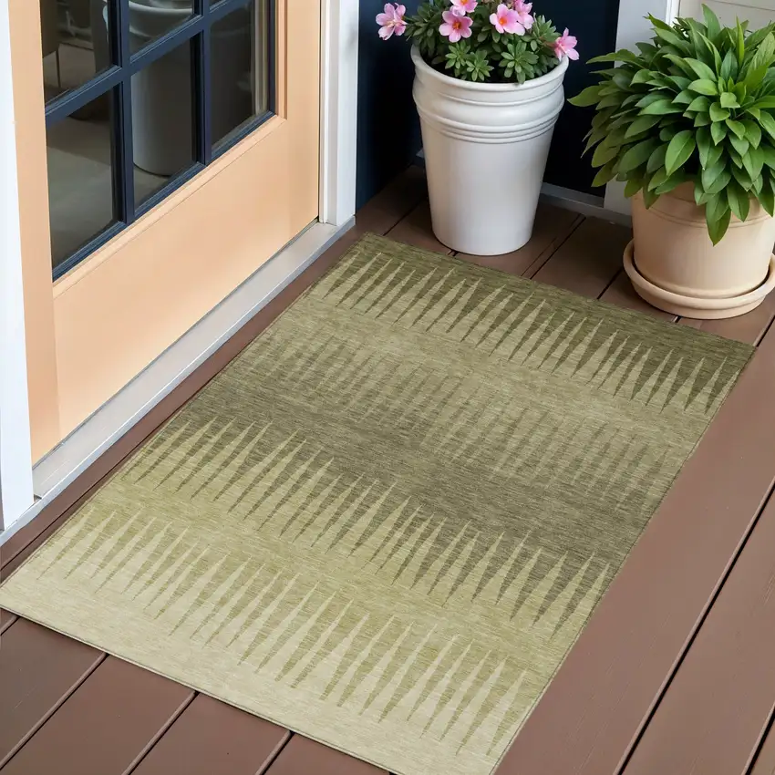Green And Light Green Striped Washable Indoor Outdoor Area Rug Photo 1