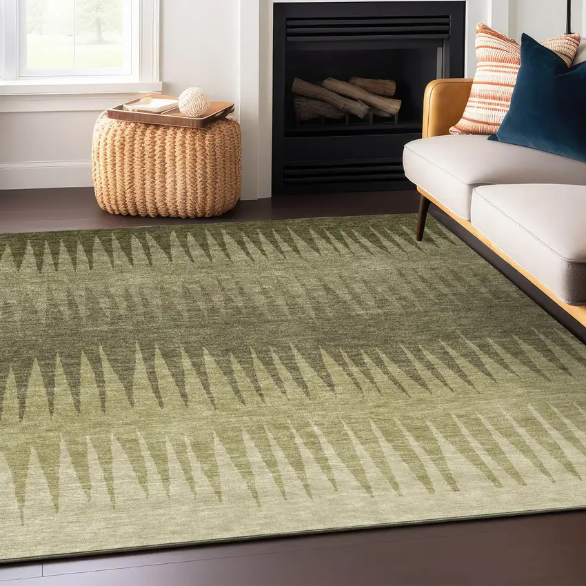 Green And Light Green Striped Washable Indoor Outdoor Area Rug Photo 8