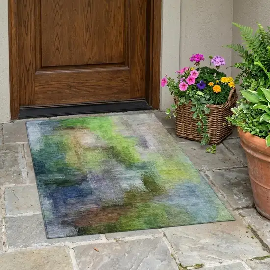 Green And Lime Green Abstract Washable Indoor Outdoor Area Rug Photo 1
