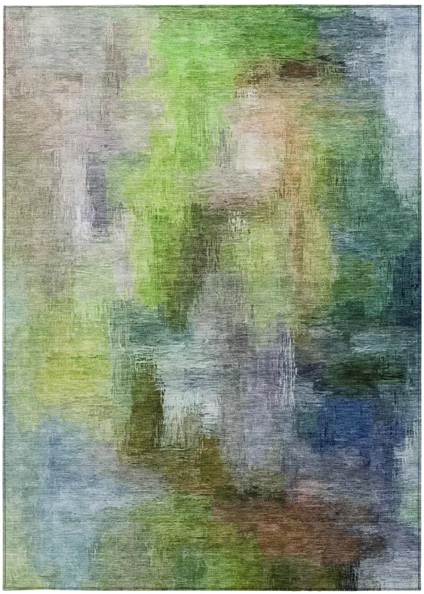 Green And Lime Green Abstract Washable Indoor Outdoor Area Rug Photo 3