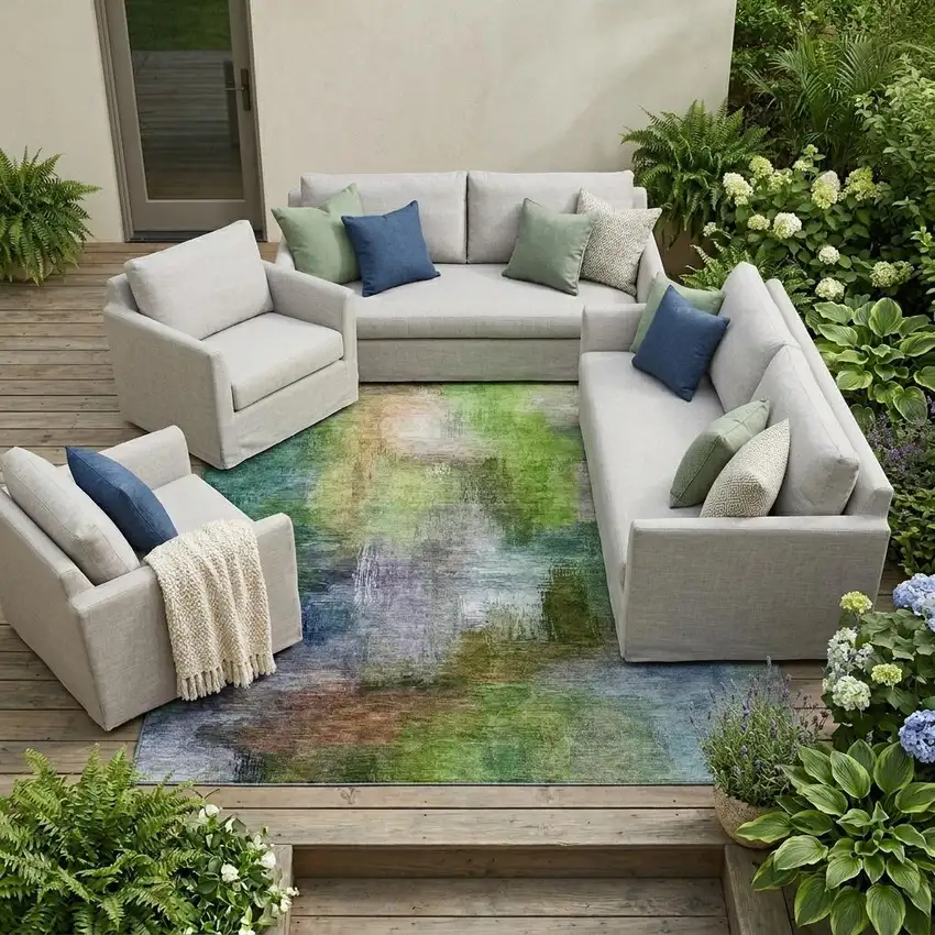 Green And Lime Green Abstract Washable Indoor Outdoor Area Rug Photo 1