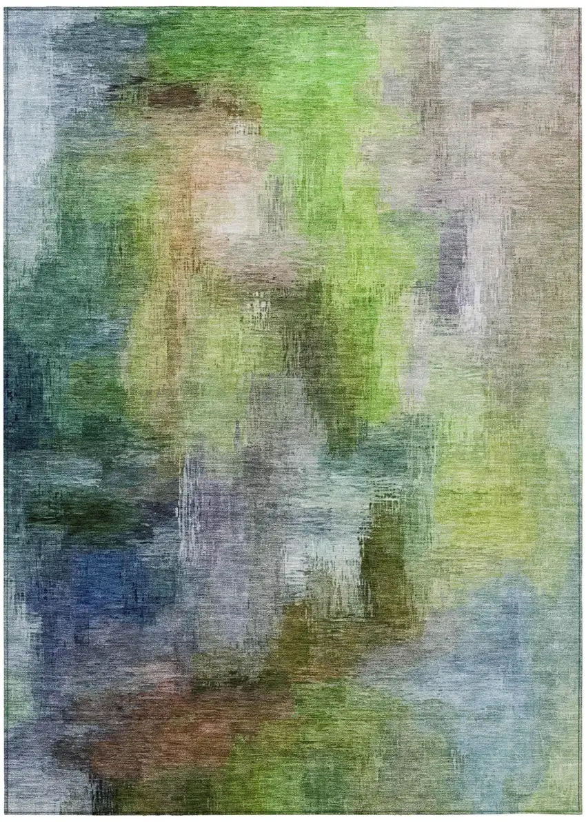 Green And Lime Green Abstract Washable Indoor Outdoor Area Rug Photo 2