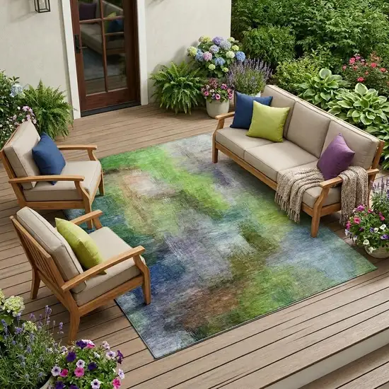 Green And Lime Green Abstract Washable Indoor Outdoor Area Rug Photo 1