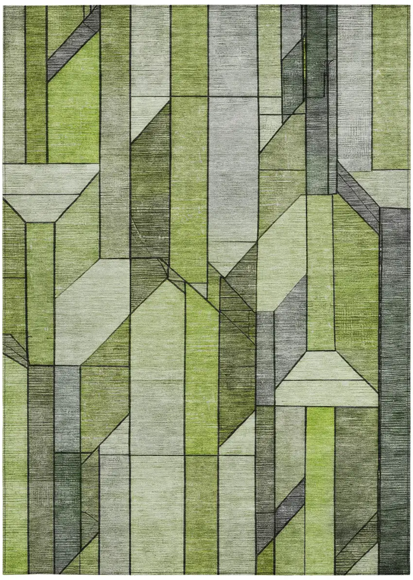 Green And Lime Green Geometric Washable Indoor Outdoor Area Rug Photo 1