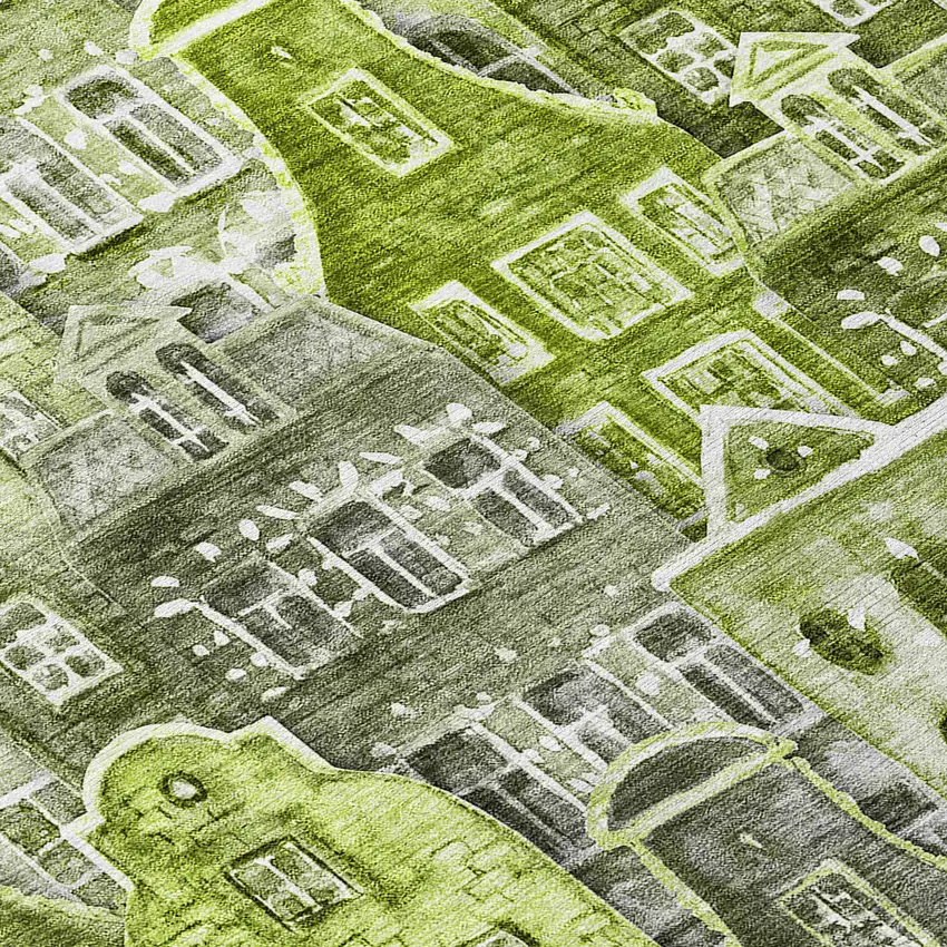 Green And Lime Green Village Houses Washable Indoor Outdoor Area Rug Photo 5