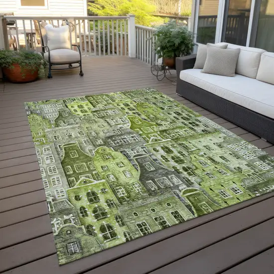 Green And Lime Green Village Houses Washable Indoor Outdoor Area Rug Photo 8