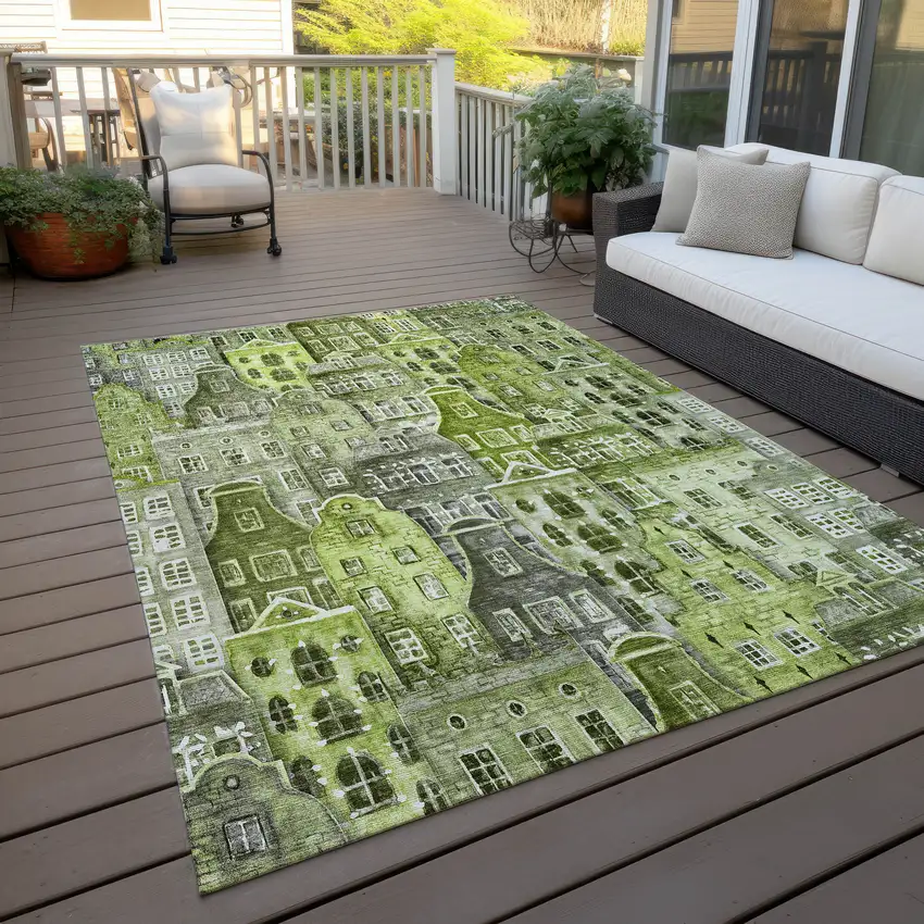 Green And Lime Green Village Houses Washable Indoor Outdoor Area Rug Photo 8