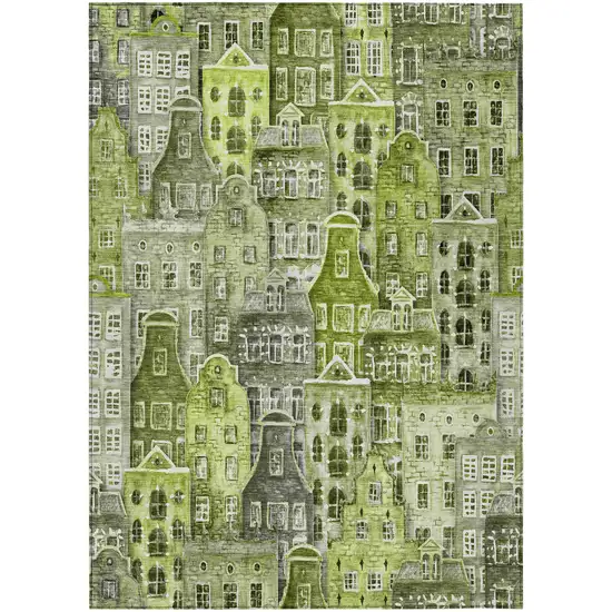 Green And Lime Green Village Houses Washable Indoor Outdoor Area Rug Photo 2