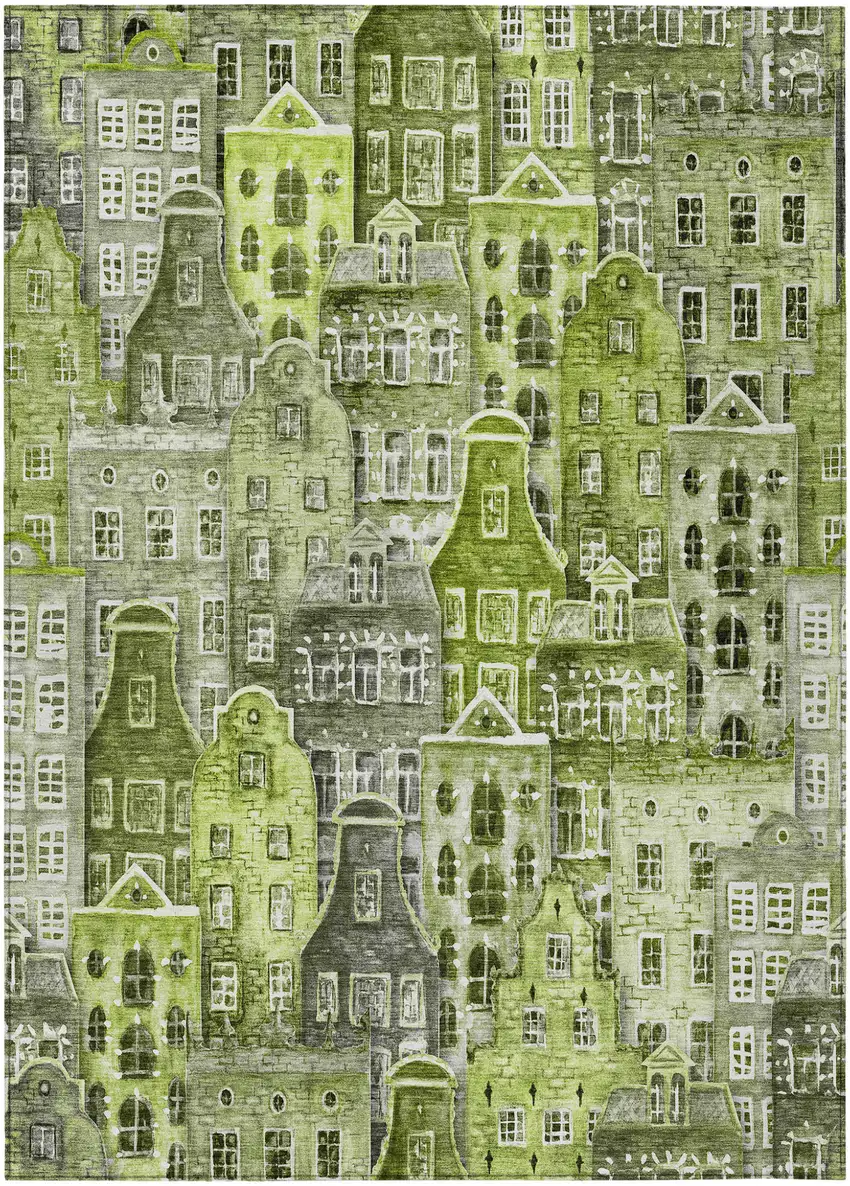 Green And Lime Green Village Houses Washable Indoor Outdoor Area Rug Photo 2