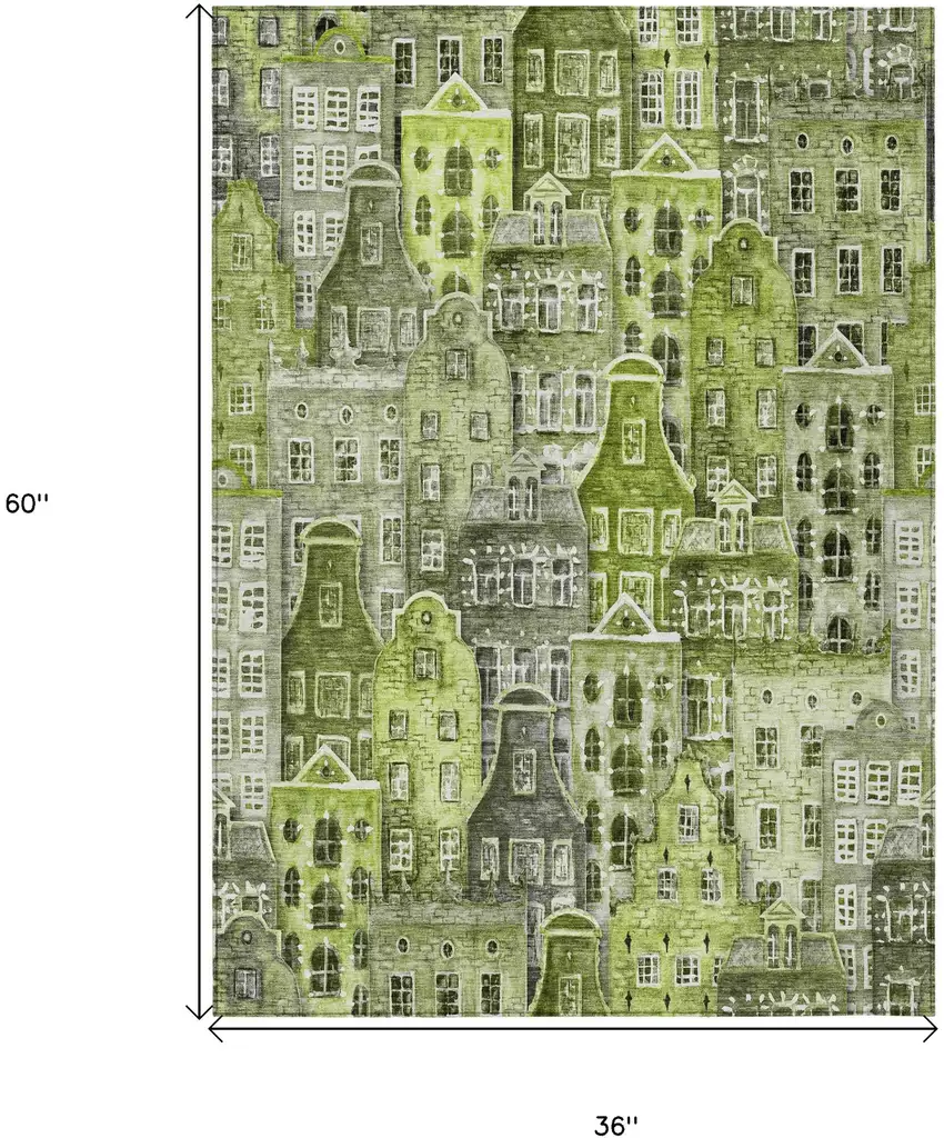 Green And Lime Green Village Houses Washable Indoor Outdoor Area Rug Photo 3