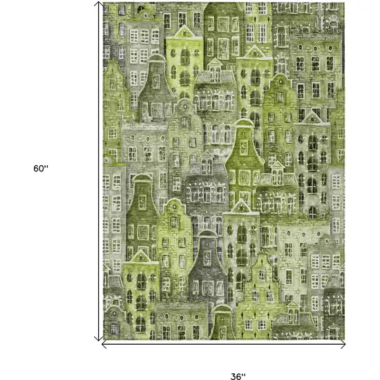 Green And Lime Green Village Houses Washable Indoor Outdoor Area Rug Photo 3