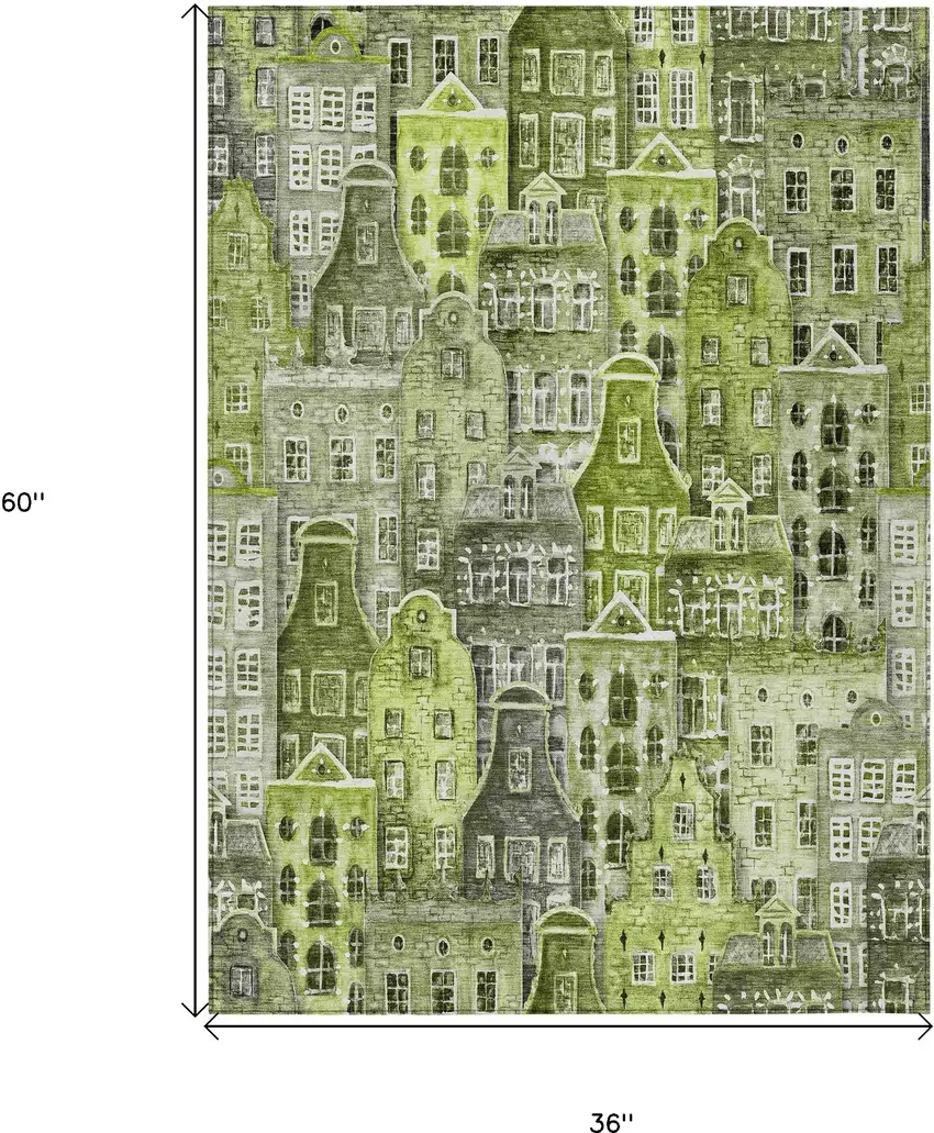Green And Lime Green Village Houses Washable Indoor Outdoor Area Rug Photo 3